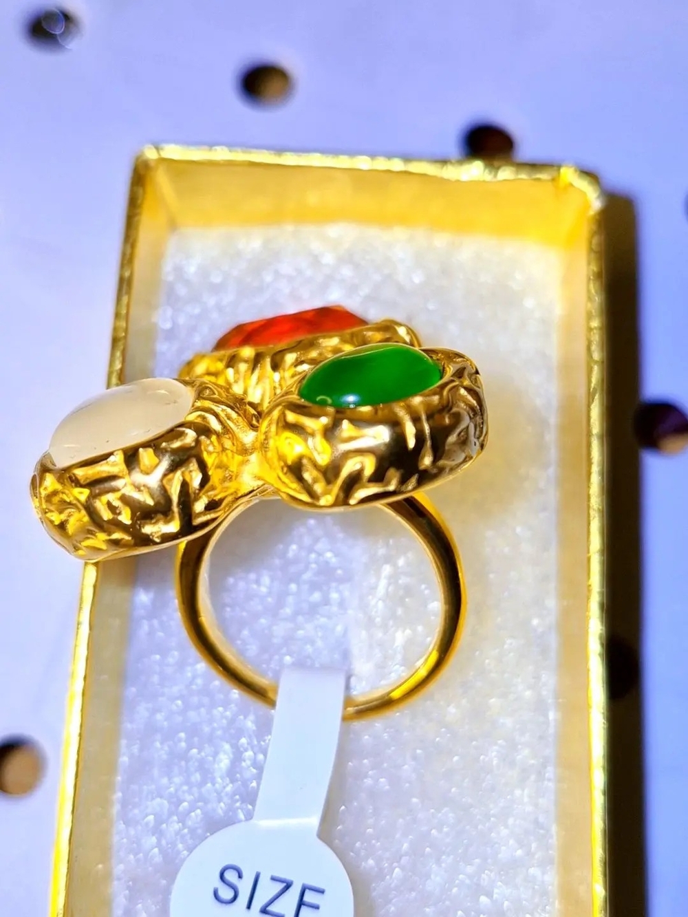 Planet Gold Gold-Tone Ring with Green, Red & White Cabochons